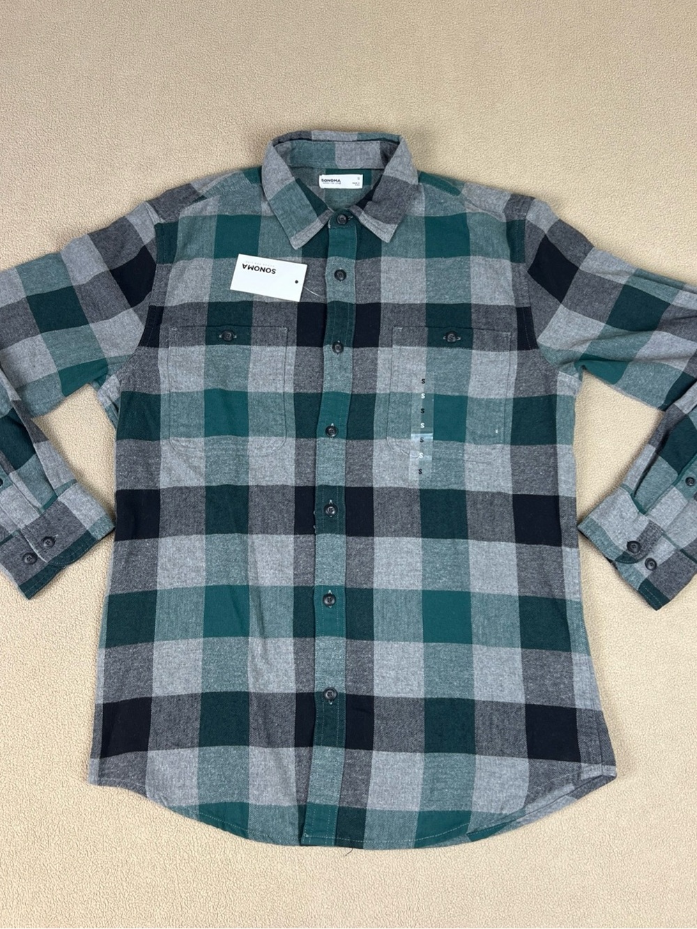Sonoma The Supersoft Flannel Shirt. 100% Cotton, Plaid. Green. Men's Sz Small